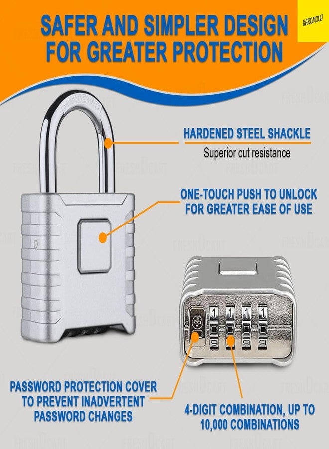 Karomouj Heavy Duty 4 Digit Number Lock Weatherproof Combination Security Padlock for Sheds, Gates, Tool Boxes and Lockers & Outdoor Use | Durable & Reliable Protection (Silver, Zinc) - Image 4